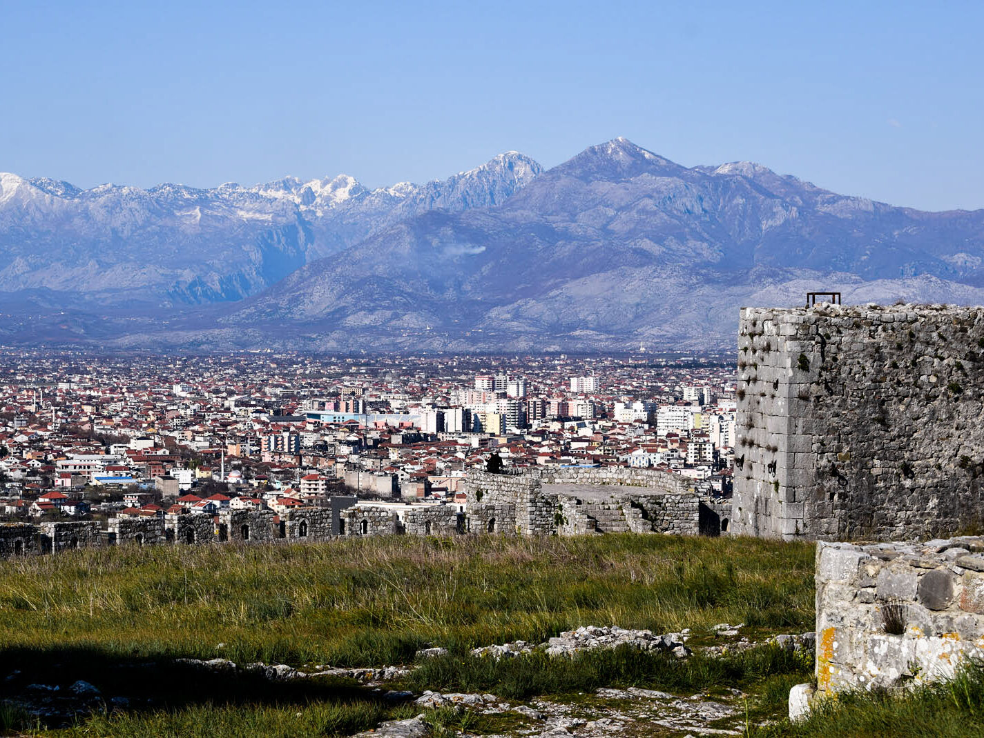 Panorama from the city of Shkodra, Albania. Mountain, city, sky